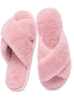 Women's Pink Velvet Fuzzy Cross Band Memory Foam House Open Toe Slipper Shoes